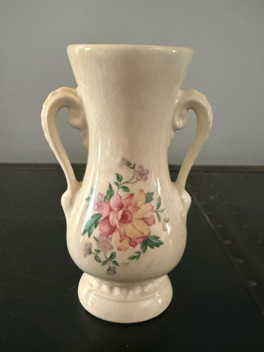 Vintage ROYAL COPLEY Pottery IVORY Handled VASE Peony Rose DESIGN 6 1/4" TALL